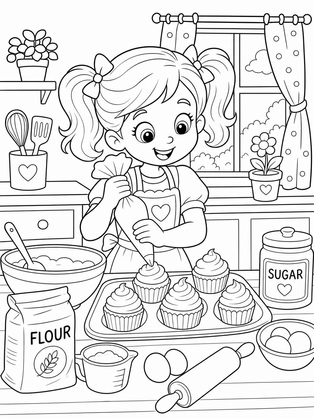 Girl baking cupcakes coloring page